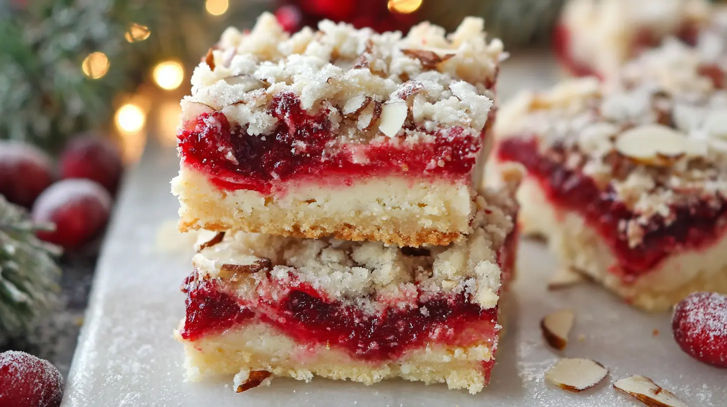 Stacked Christmas cheesecake bars with cranberry and almond streusel, dusted with powdered sugar against a festive holiday background.