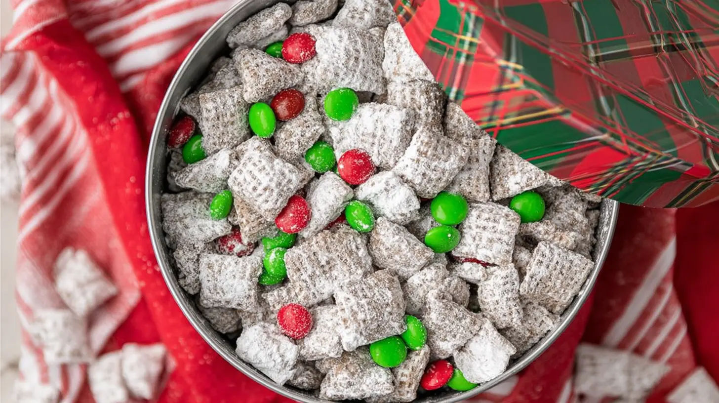 Close-up of festive christmas puppy chow snack mix in a metallic tin with red and green candies.