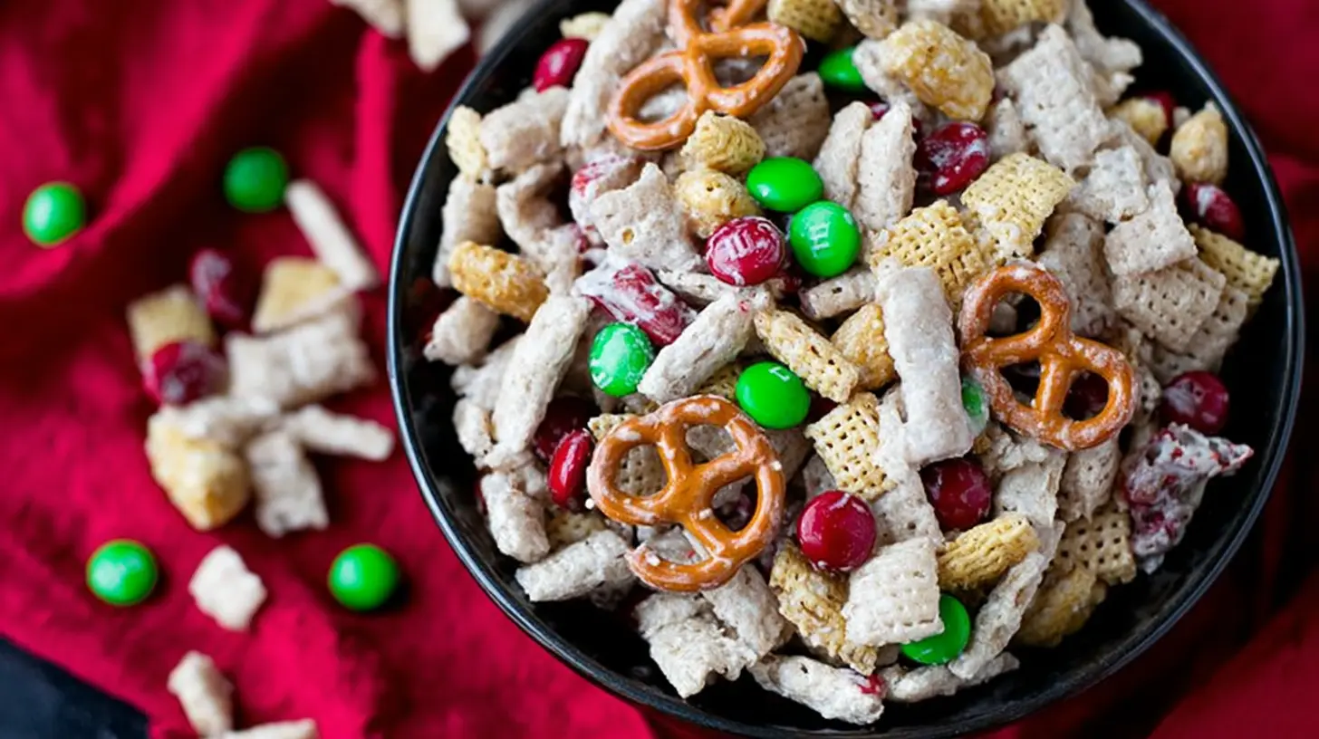 A vibrant close-up of a festive white-coated Christmas snack mix, featuring red and green candies, pretzels, and cereal in a dark bowl on a red fabric background, showcasing delicious Christmas snack mix recipes.