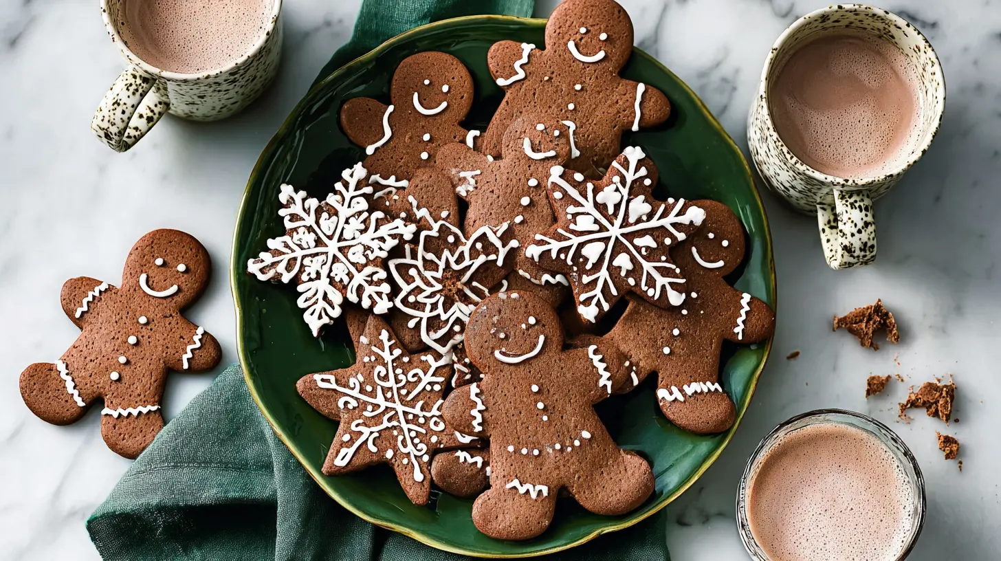 Festive overhead view of decorated gingerbread men and snowflake cookies alongside hot chocolate, inspiring a delicious gingerbread cookie recipe.