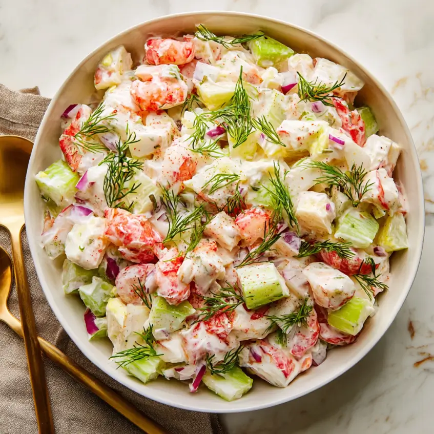 Vibrant overhead view of a delicious seafood salad recipe, featuring lobster or shrimp, fresh dill, and creamy dressing on a marble surface.
