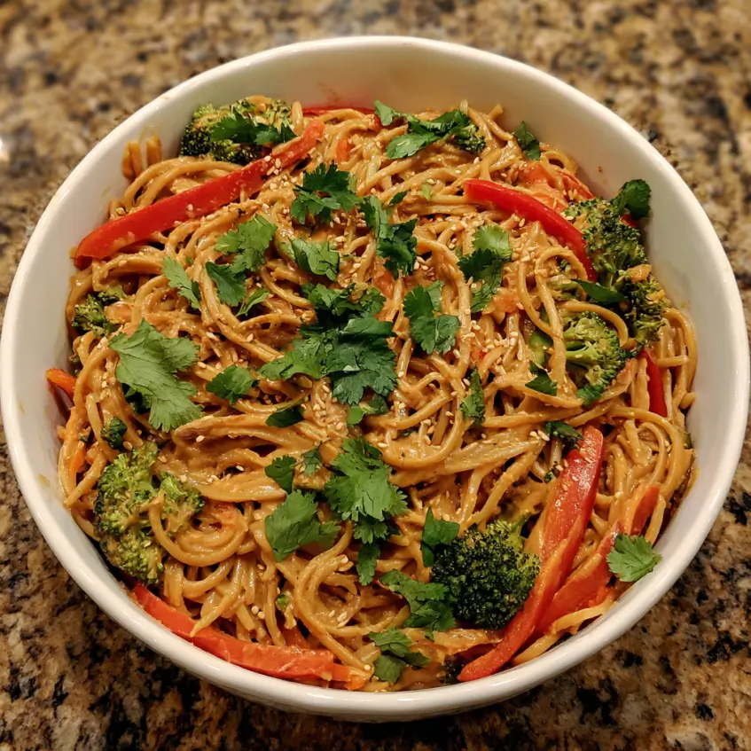 Close-up of a vibrant bowl of 30 Minutes Vegan Peanut Butter Noodles with broccoli, red bell peppers, cilantro, and sesame seeds on a speckled countertop.