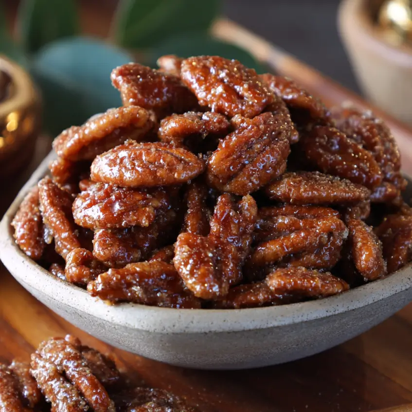 A close-up shot of glistening candied pecans overflowing from a rustic bowl on a wooden surface.