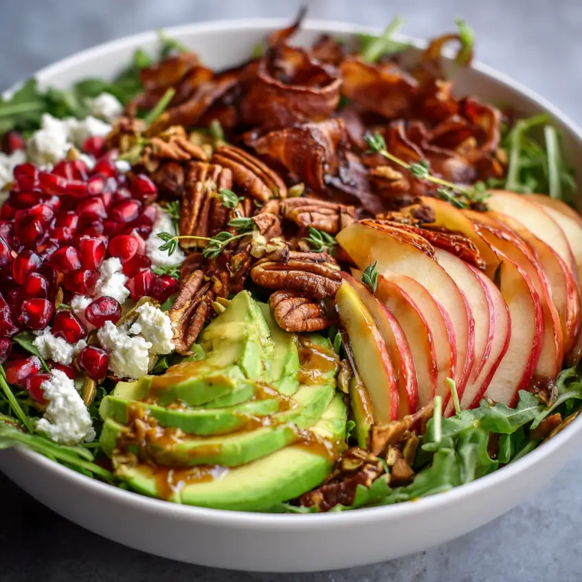 A beautifully arranged fall harvest salad in a white bowl, featuring crispy bacon, fanned red apple slices, creamy avocado, pomegranate arils, crumbled feta, toasted pecans, and fresh greens with a dark dressing.