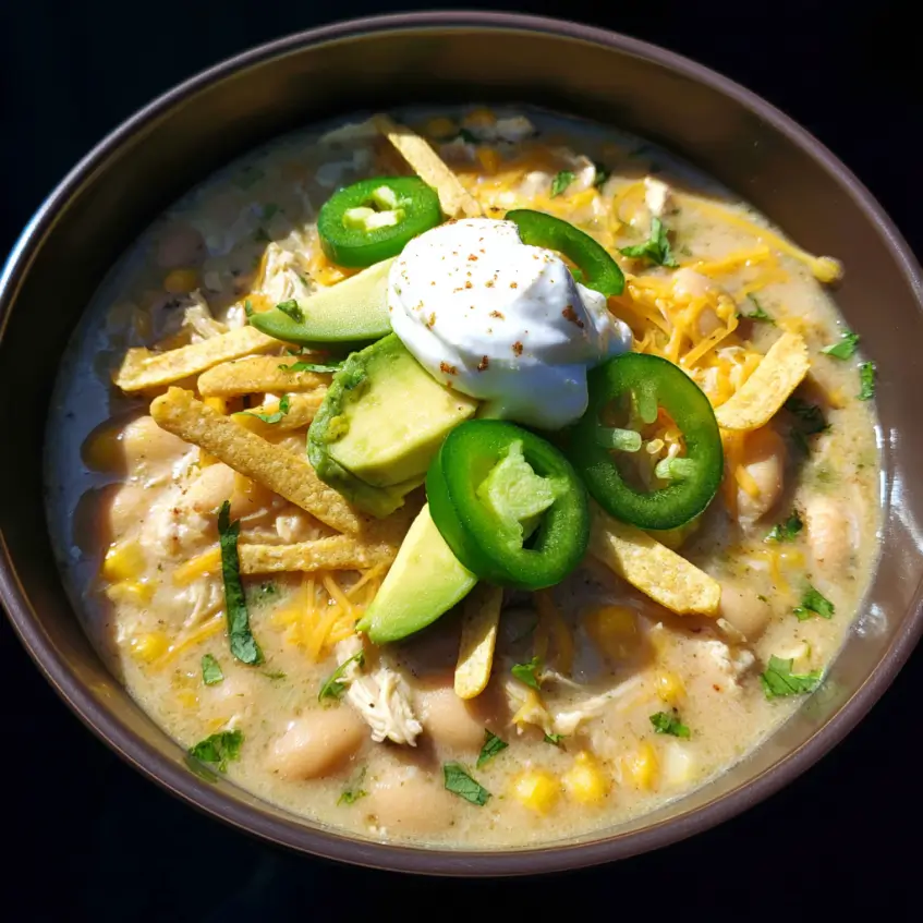 A vibrant bowl of white chicken chili crockpot recipe, garnished with avocado, jalapeño, sour cream, and crispy tortilla strips, ready to enjoy.