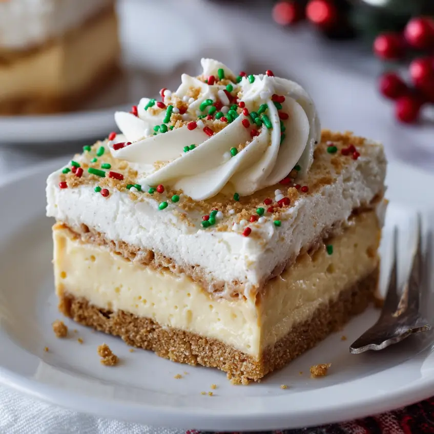 Delicious multi-layered eggnog dessert recipe bar with festive holiday sprinkles.