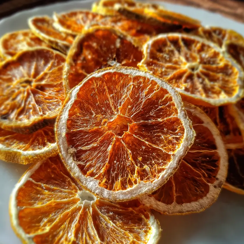 Close-up of beautifully arranged dried orange slices on a white plate, showcasing their translucent texture and warm colors.