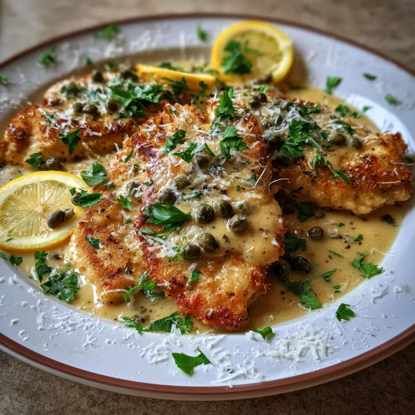Close-up of golden-brown Chicken Piccata served with a creamy lemon-caper sauce, fresh parsley, and lemon slices on a white plate.