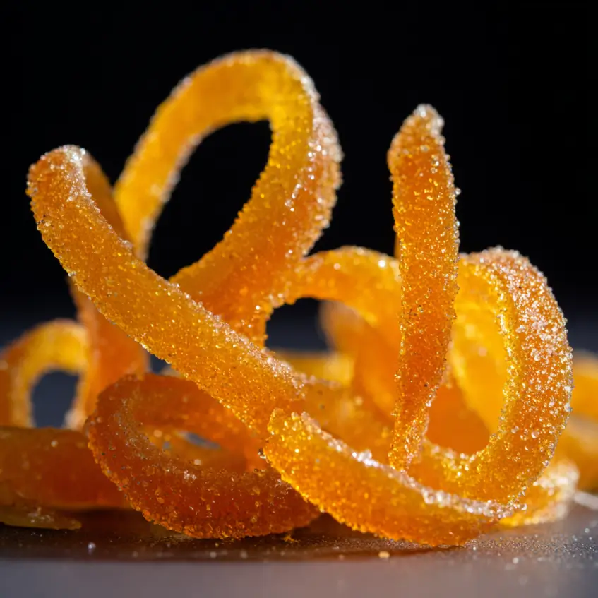 Close-up of sparkling, sugar-coated candied orange peel strips against a dark background.