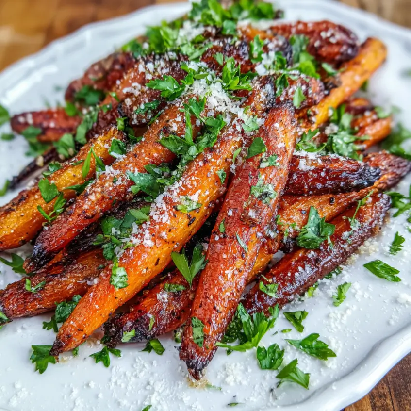 Close-up of glossy air fryer carrots garnished with fresh herbs and grated Parmesan on a white platter.