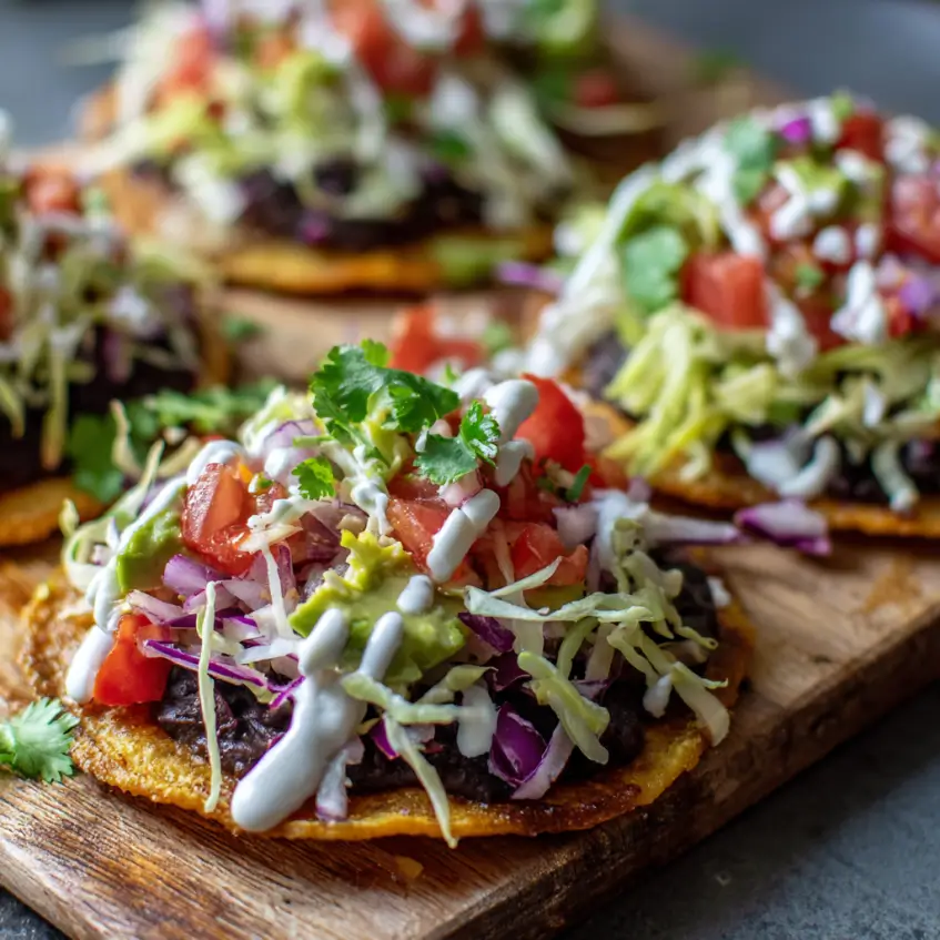Vibrant Vegan Tostadas piled high with black beans, fresh avocado, shredded vegetables, and a creamy white drizzle on a rustic wooden board.