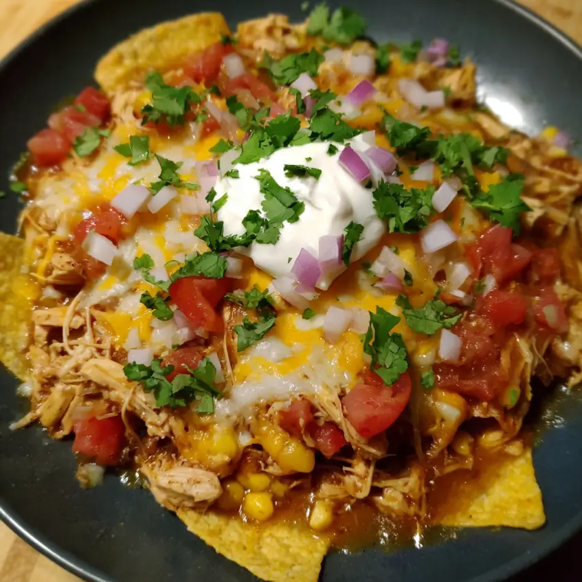A generous plate of cheesy chicken nachos, perfect for a quick Chicken Tortilla Dump Dinner.