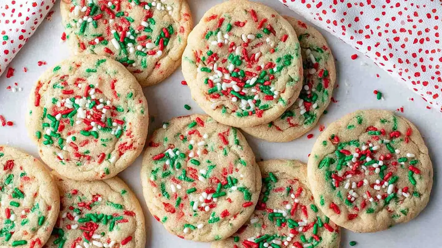 Overhead shot of freshly baked gluten free Christmas cookies generously adorned with red, green, and white festive sprinkles.