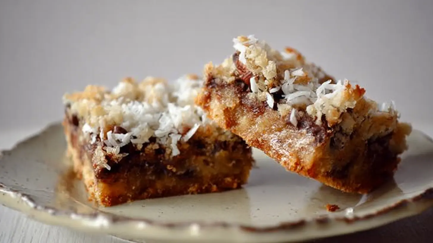 Two delicious-looking hello dolly recipe bars, with layers of chocolate chips, pecans, and coconut, on a rustic plate.