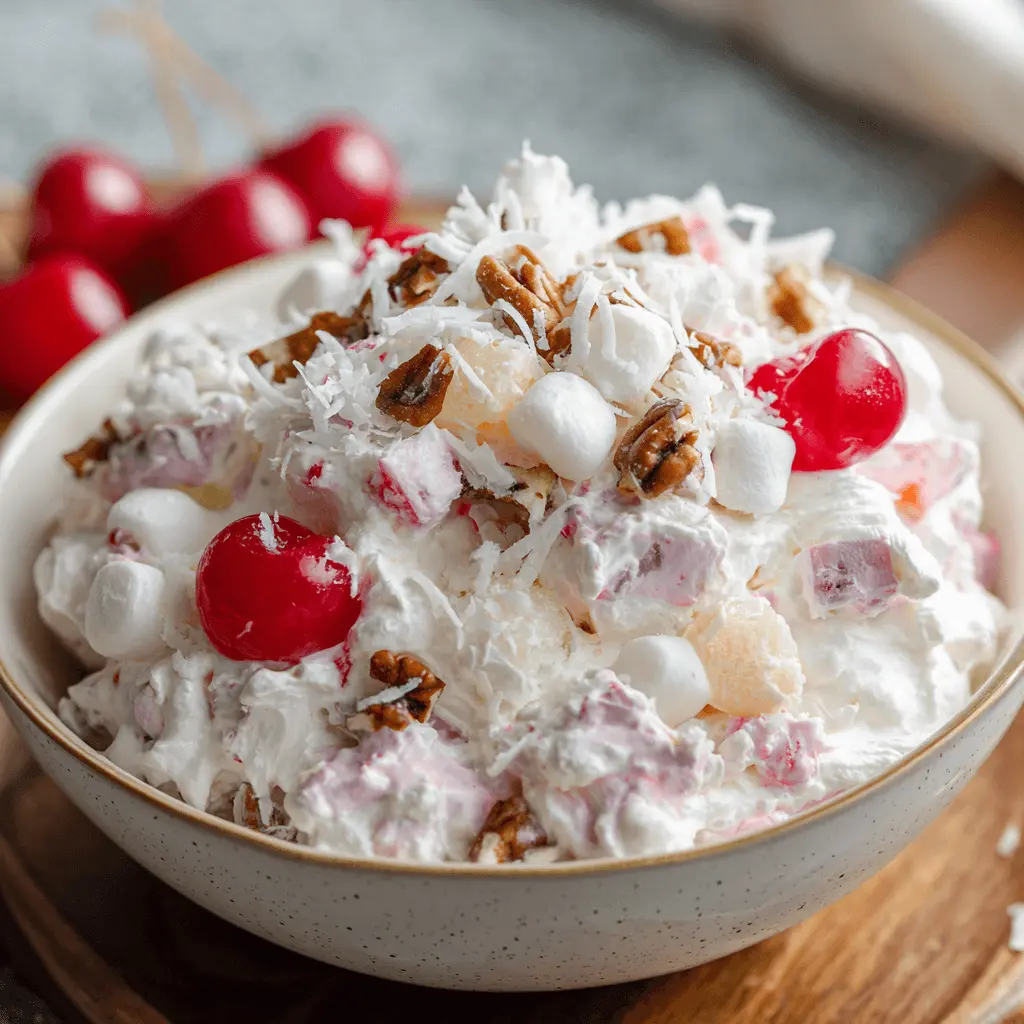 Close-up of a vibrant cherry fluff salad mounded in a rustic bowl with marshmallows, pecans, and maraschino cherries.