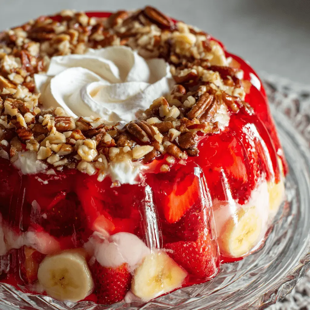 A vibrant strawberry jello salad with banana slices, creamy layers, whipped cream, and chopped pecans.