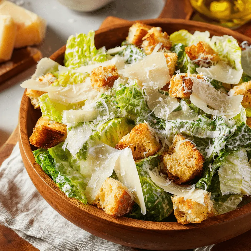Vibrant classic caesar salad with crisp romaine, golden croutons, and shaved Parmesan in a wooden bowl.