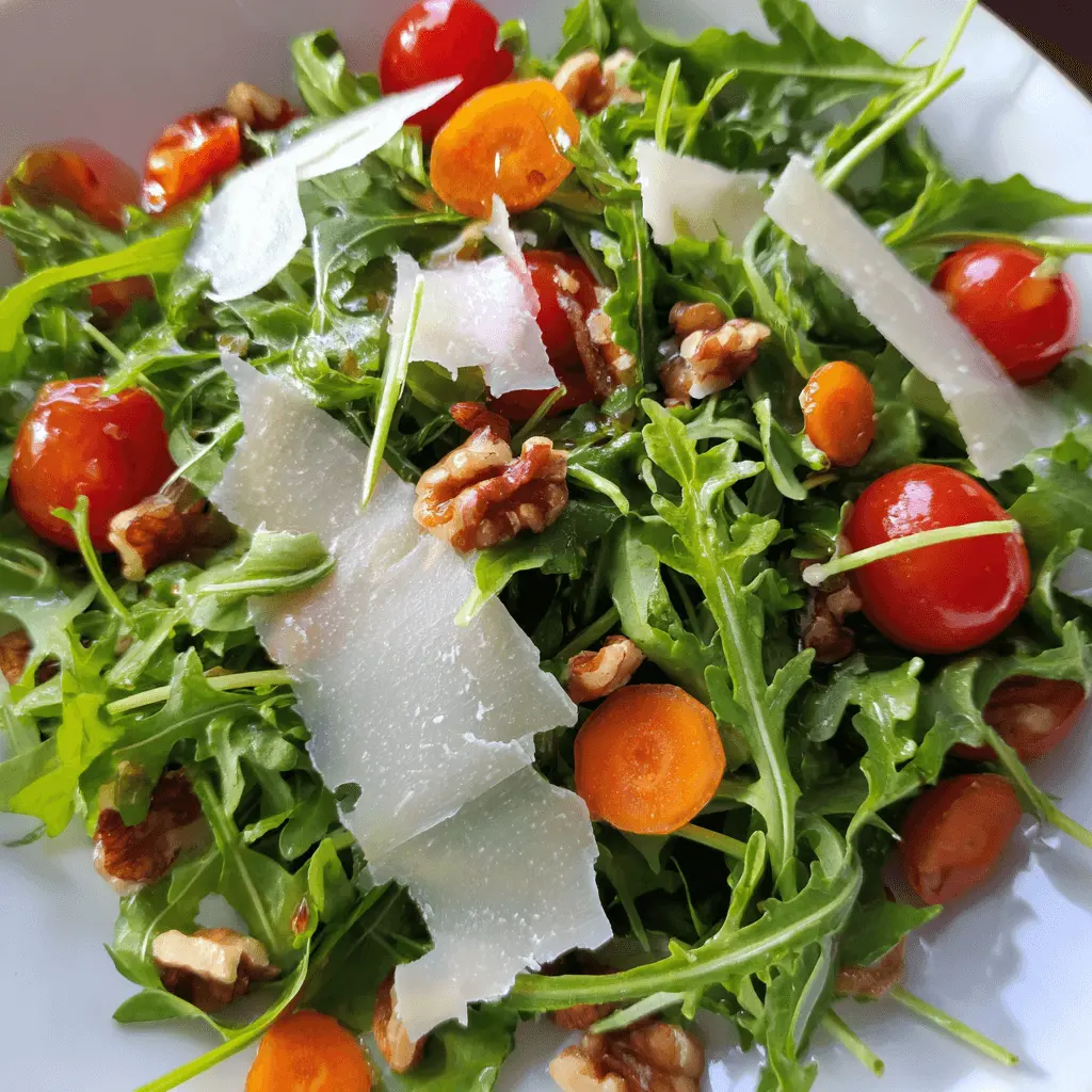 Vibrant arugula salad with cherry tomatoes, shaved Parmesan, walnuts, and carrots in a white bowl.