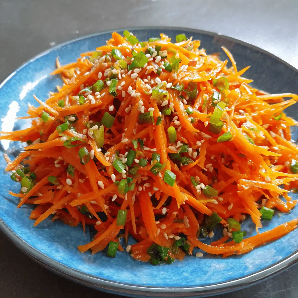 Vibrant julienned carrot salad with green onions and sesame seeds on a blue plate.