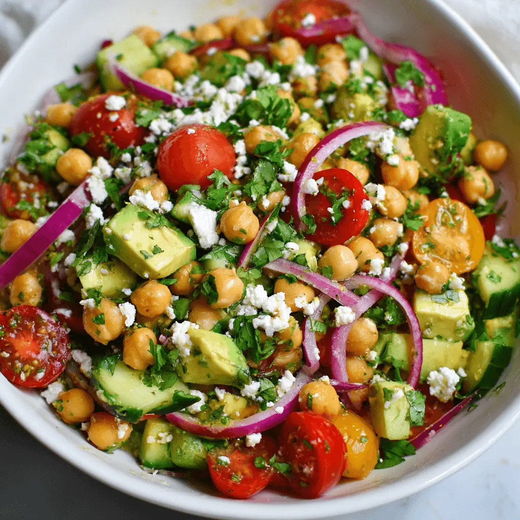 Vibrant and fresh chickpea salad in a white bowl, featuring avocado, tomatoes, and feta.