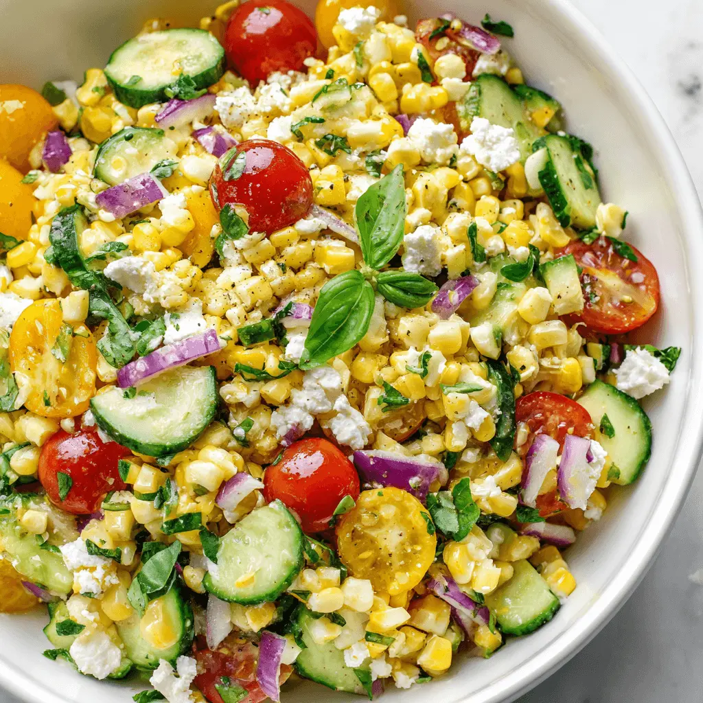 A vibrant and fresh corn salad recipe in a white bowl, featuring bright yellow corn, cherry tomatoes, cucumbers, red onion, crumbled feta cheese, and fresh basil, presented on a light gray background.