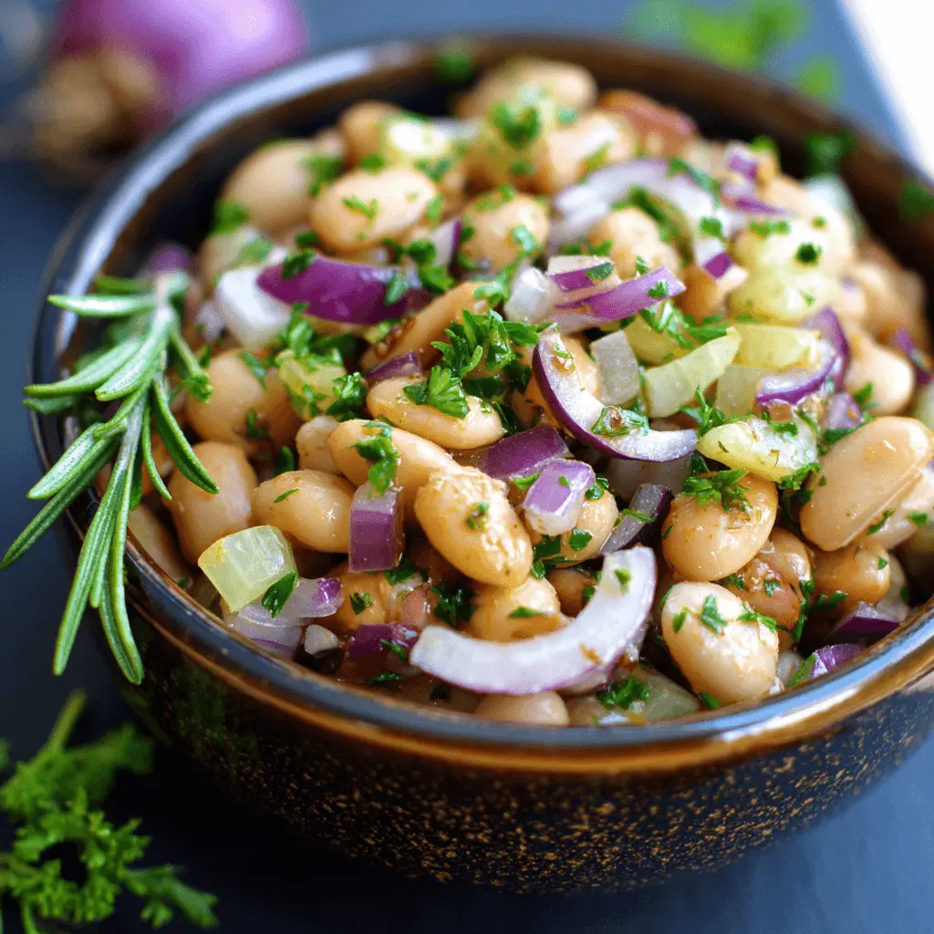 Vibrant white bean salad in a rustic dark bowl, garnished with fresh parsley and rosemary.