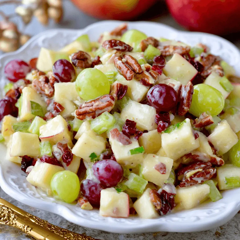 Vibrant apple salad with diced apples, grapes, pecans, and dried cranberries in a decorative white bowl.