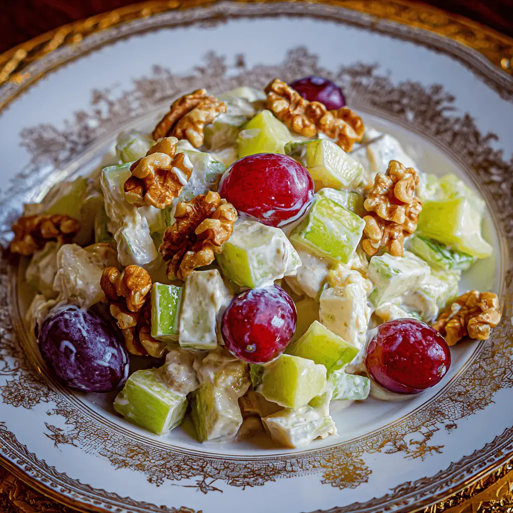 Elegant waldorf salad with crisp apples, grapes, and walnuts in a creamy dressing on a decorative plate.