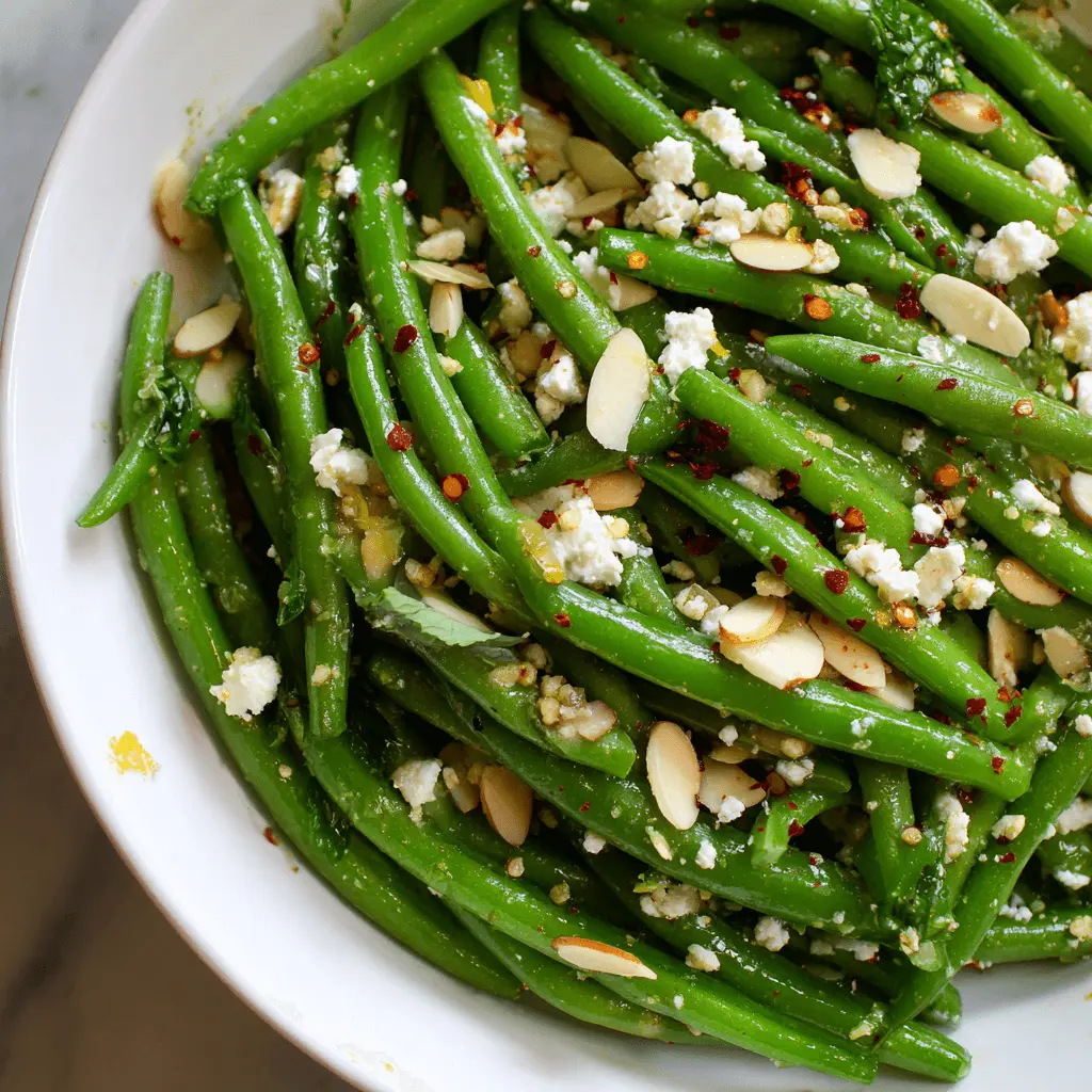 Vibrant green bean salad with feta, almonds, and red pepper flakes in a white bowl.