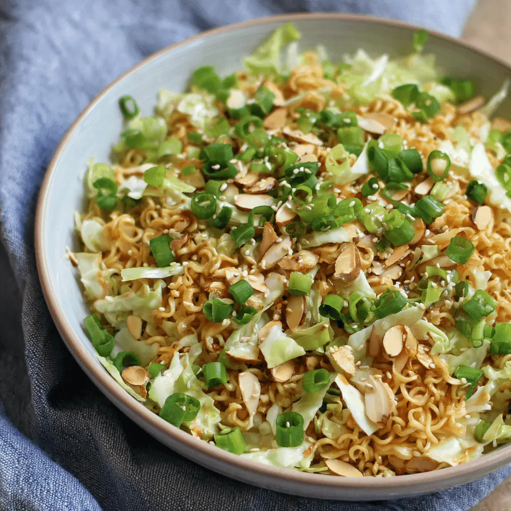 Vibrant ramen noodle salad featuring crispy noodles, fresh cabbage, green onions, toasted almonds, and sesame seeds in a light bowl.