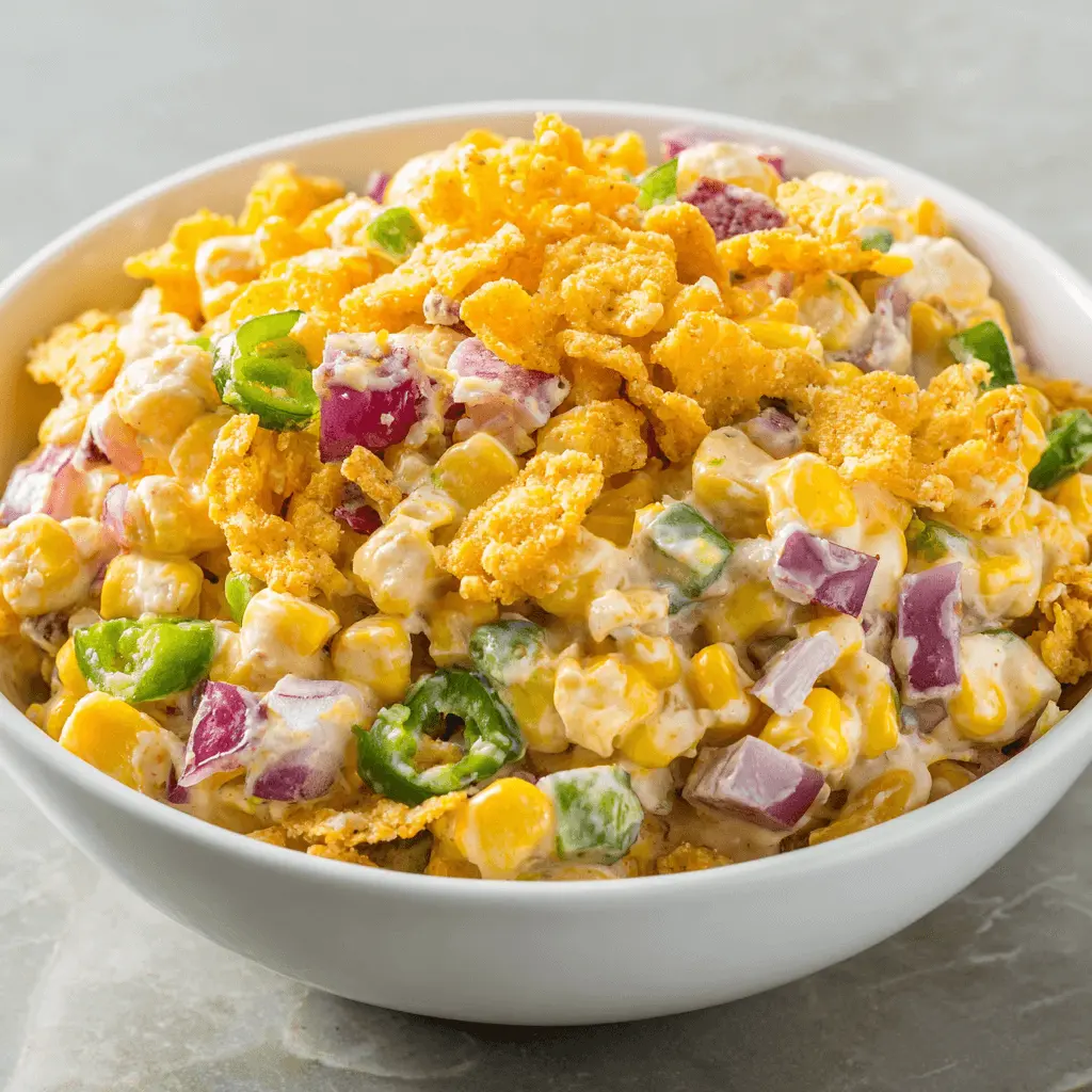 A vibrant bowl of creamy frito corn salad with red onions, green chilies, and crunchy corn chip topping.