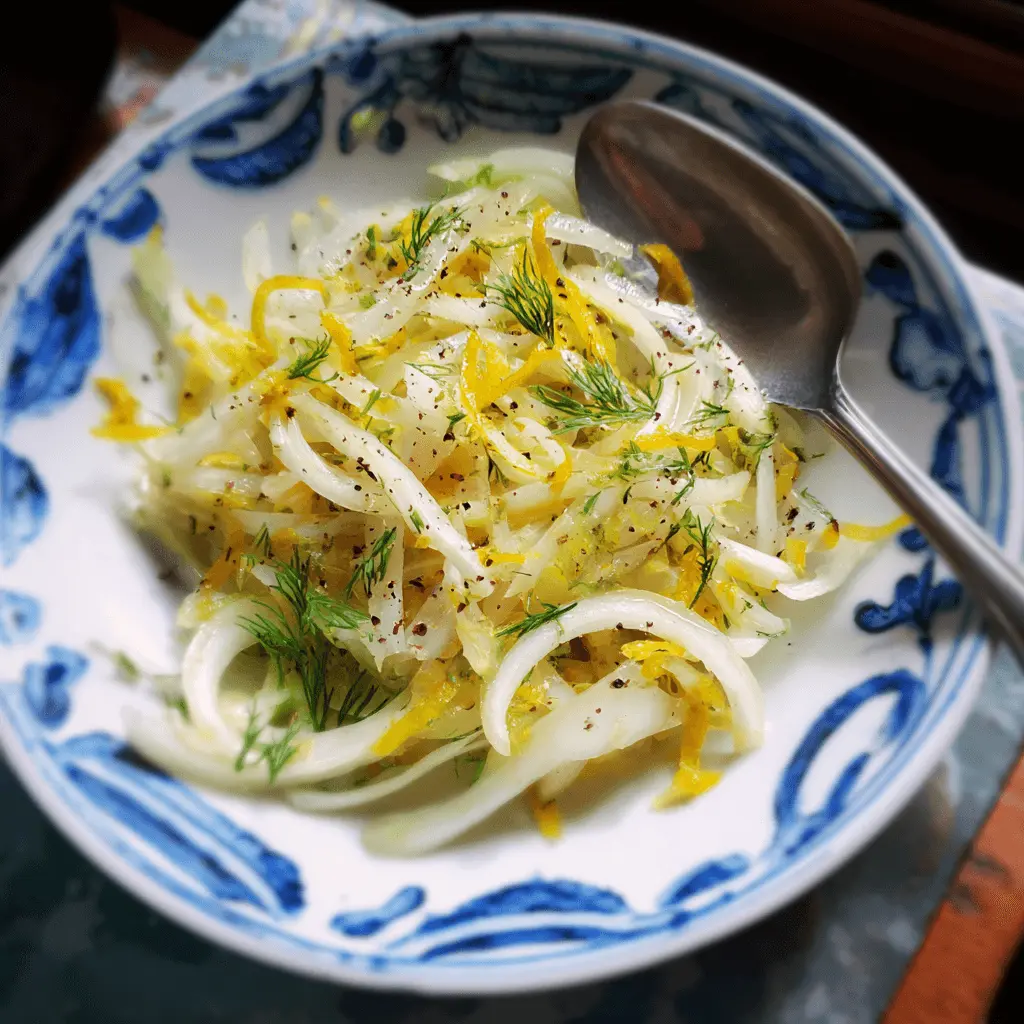 A close-up, top-down view of a fresh and vibrant fennel salad with lemon zest and dill in a decorative blue and white bowl, ready to be served.