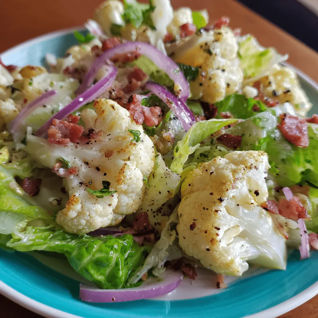 A vibrant cauliflower salad featuring roasted florets, crisp lettuce, red onion, and crispy bacon bits in a teal bowl.
