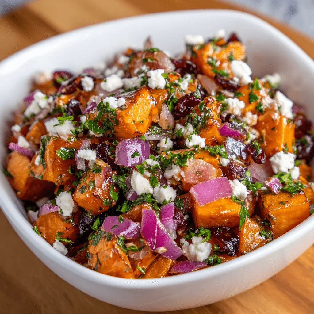 Vibrant sweet potato salad recipe with feta, cranberries, and fresh herbs in a white bowl.