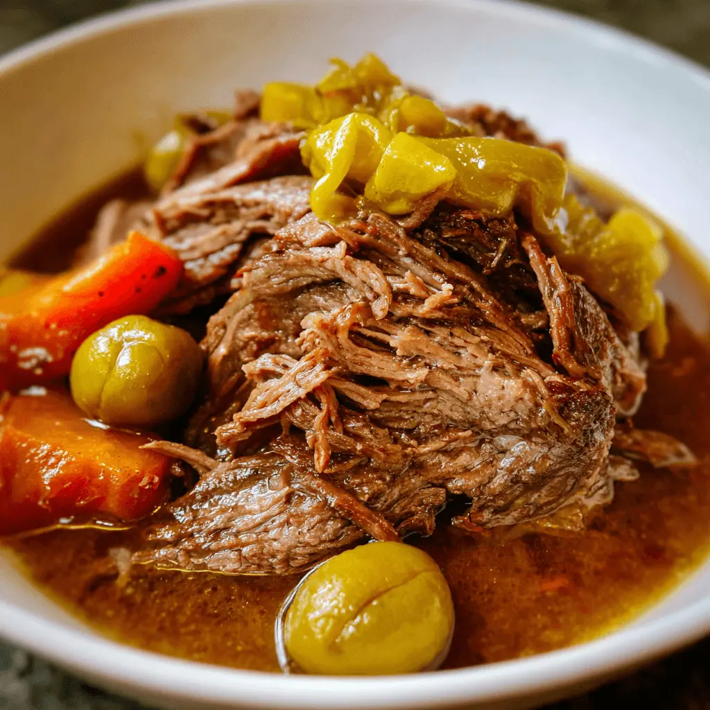 Tender, shredded beef from a mississippi pot roast crockpot recipe, served in a white bowl with rich gravy, pepperoncini, and green olives.