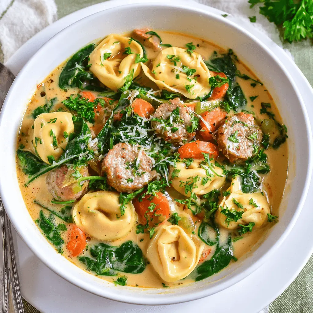 Close-up of a hearty, creamy tortellini soup with sausage, spinach, carrots, and fresh parsley, garnished with grated Parmesan cheese.