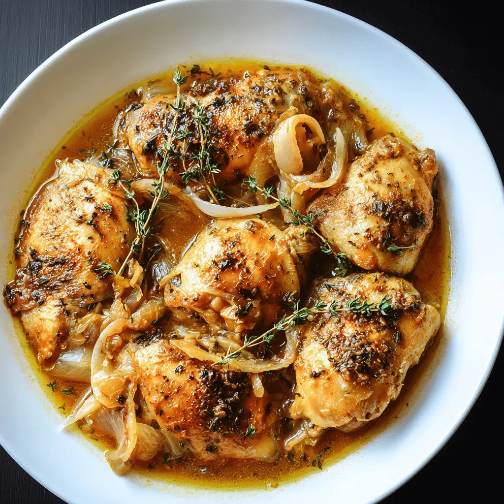 Overhead shot of a savory chicken dish with caramelized onions and and thyme, perfect for a delicious chicken breast crockpot recipe.