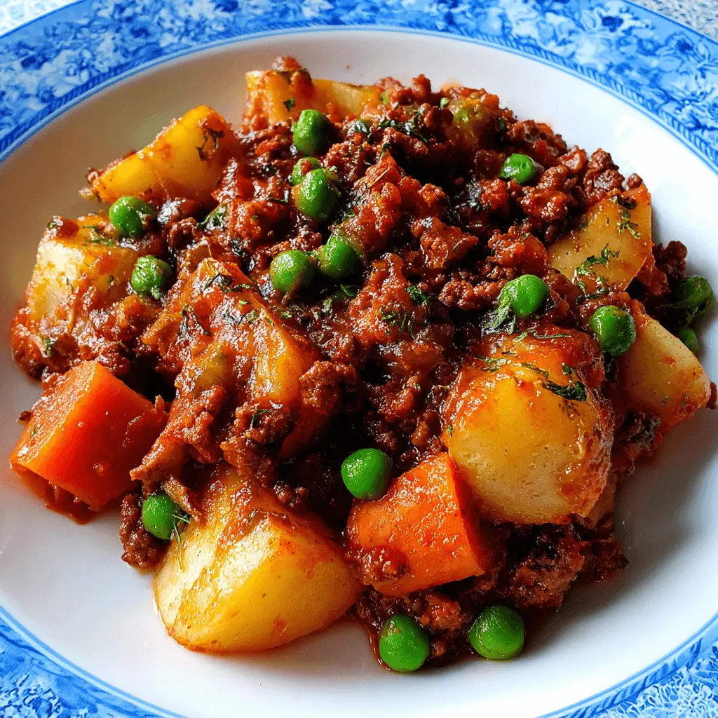 Hearty ground beef crockpot recipe stew with potatoes, peas, and carrots in a decorative bowl.