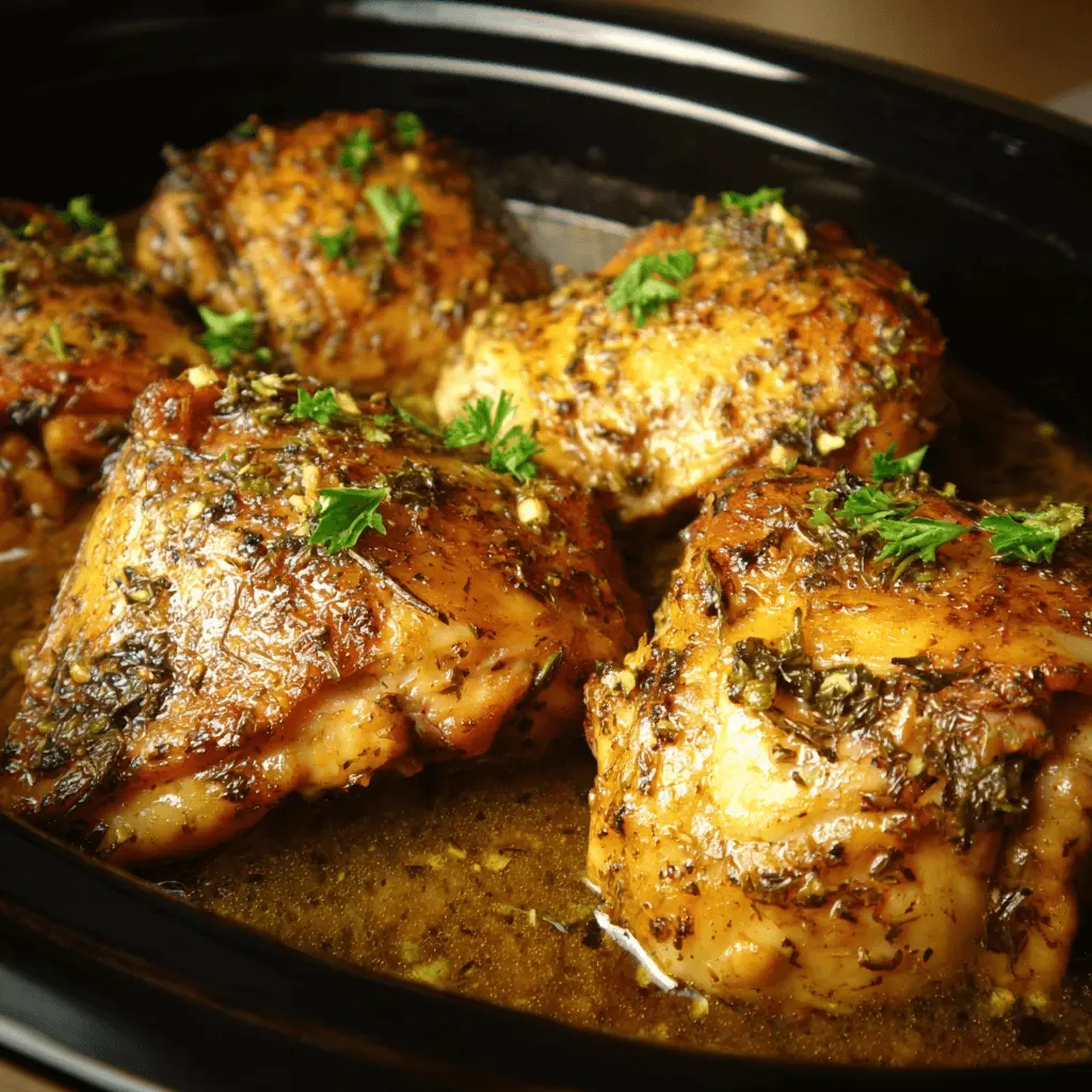 Appetizing herb-crusted chicken thigh crockpot recipe cooked in a rich, savory sauce.