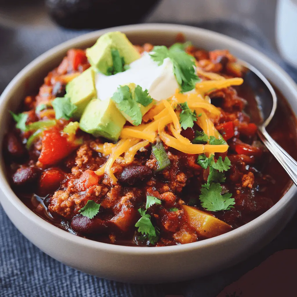 A close-up of a hearty ground turkey chili in a ceramic bowl, topped with sour cream, avocado, shredded cheese, and cilantro, representing a delicious ground turkey crockpot recipe.