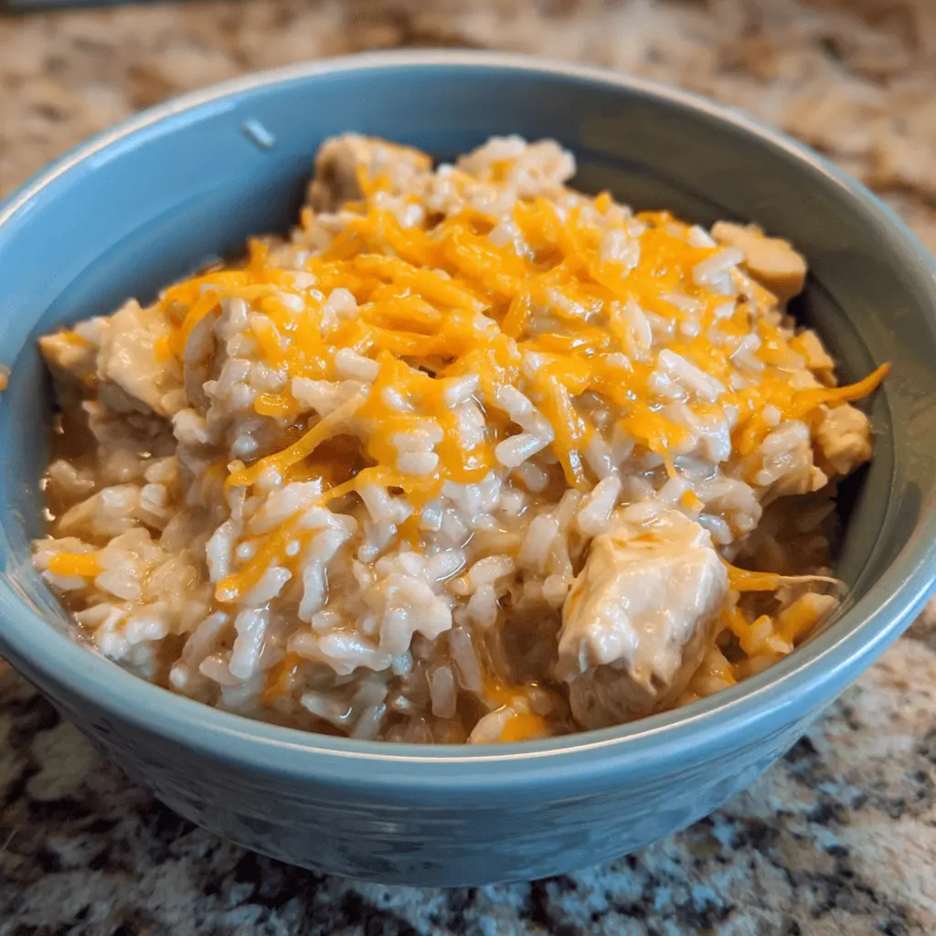 Close-up of a creamy, cheesy chicken and rice crockpot recipe, garnished with melted cheddar.