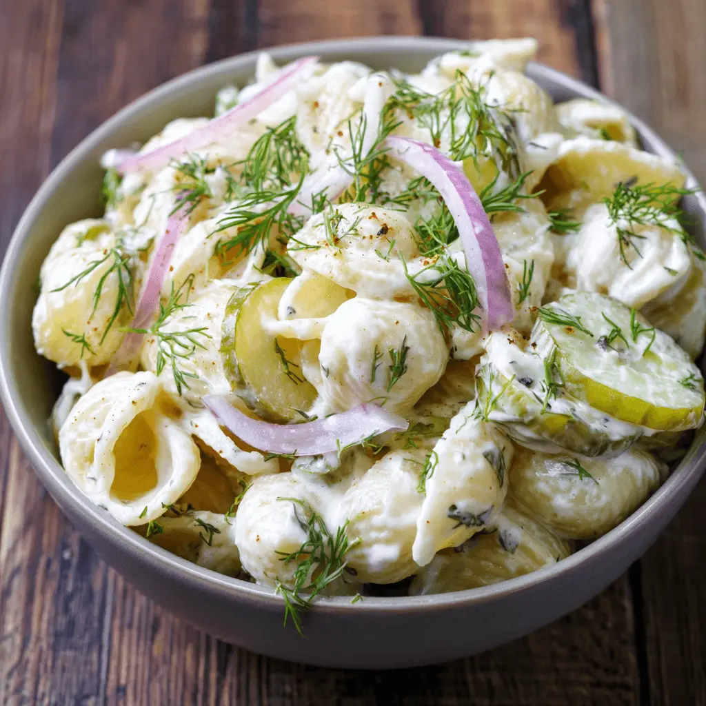 Close-up of a creamy pickle pasta salad with shell pasta, fresh dill, and red onion on a rustic wooden background.
