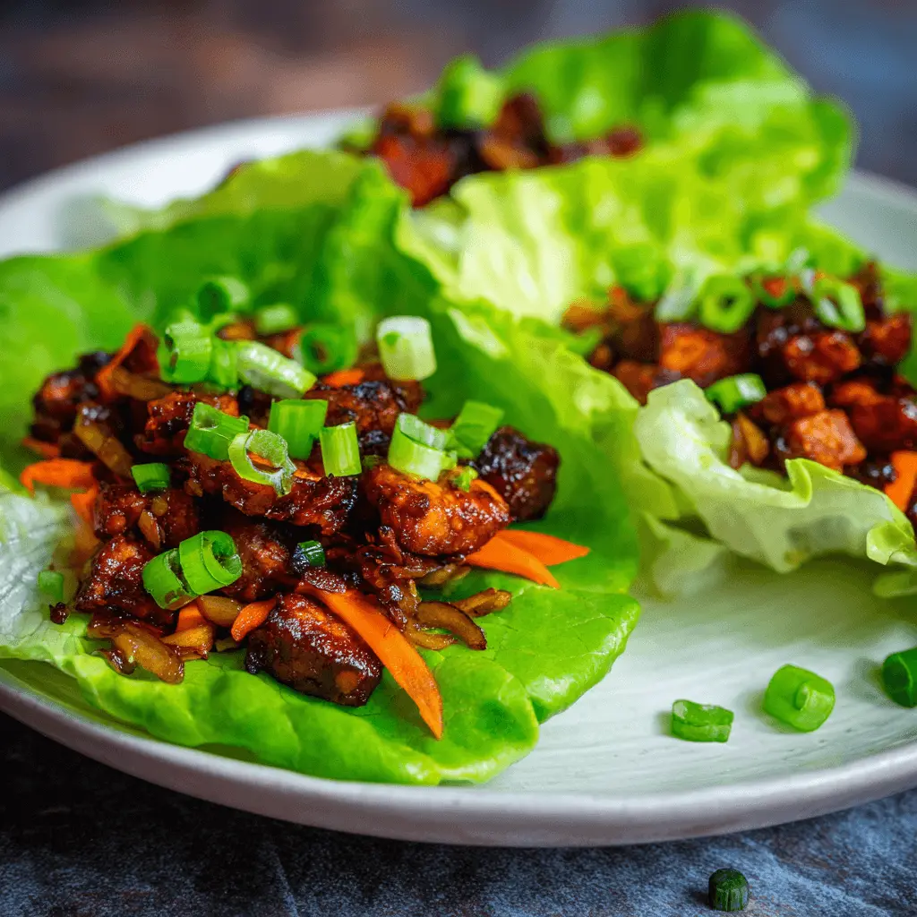 Vibrant close-up of delicious Vegan Lettuce Wraps with Teriyaki Tempeh, garnished with fresh green onions on a light plate.