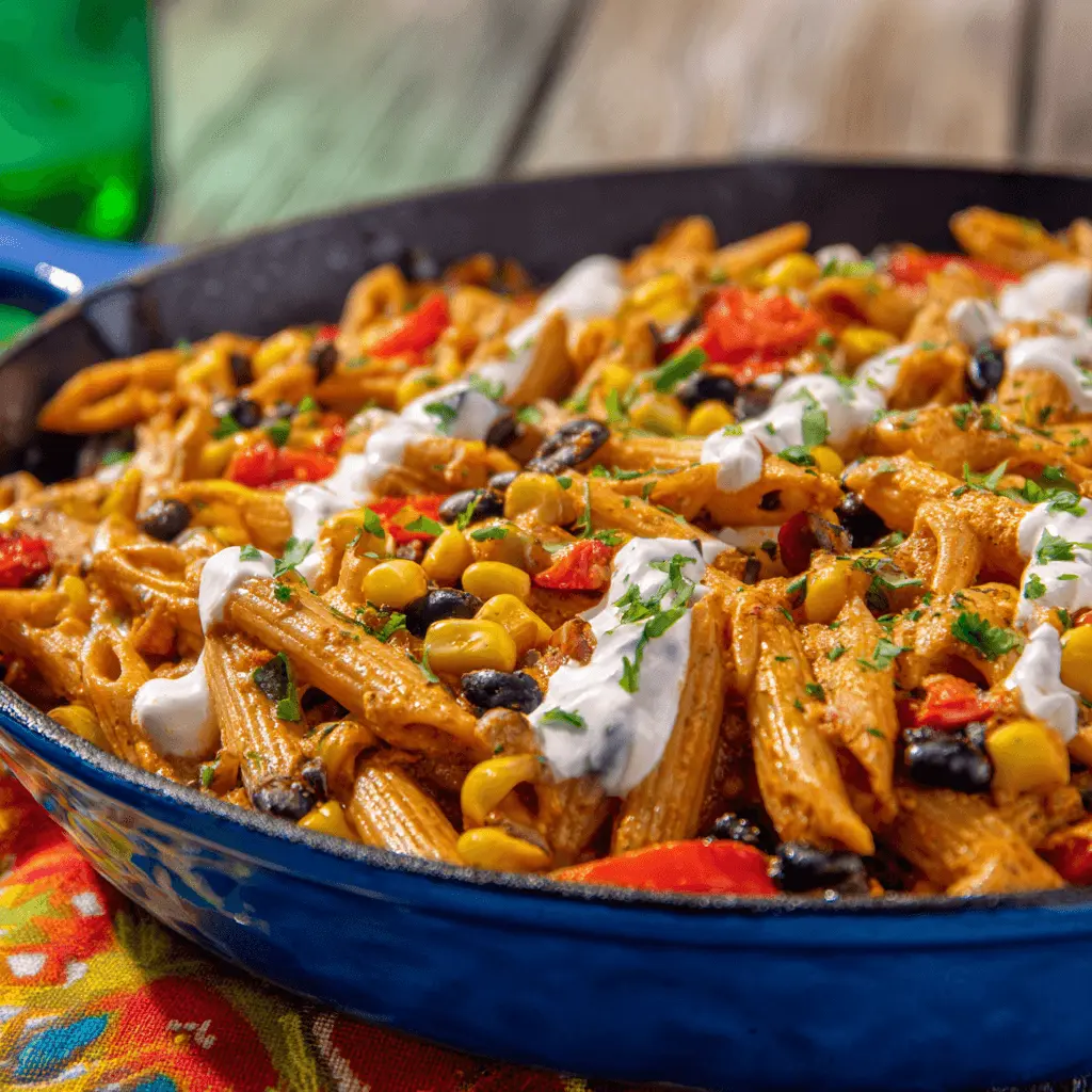 Vibrant One Pan Mexican Pasta Skillet with penne, corn, black beans, sour cream, and cilantro, served in a blue skillet outdoors.