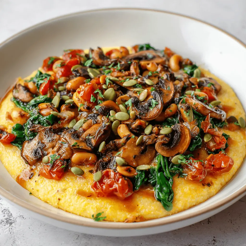 Creamy golden Vegan Polenta with Mushrooms and Beans, topped with sautéed greens, roasted tomatoes, and pumpkin seeds in a ceramic bowl.