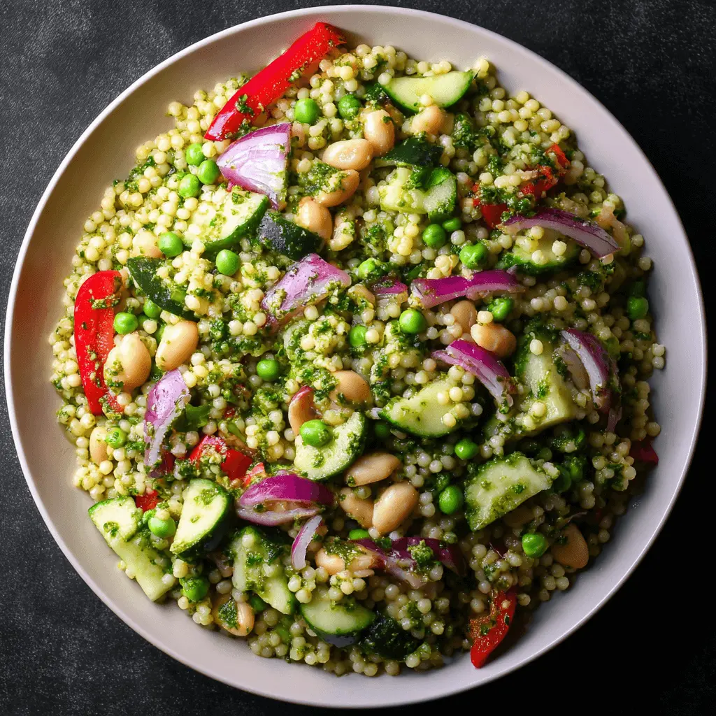 Vibrant Pesto Couscous Salad with fresh peas, cucumber, red onion, bell pepper, and white beans served in a light bowl.