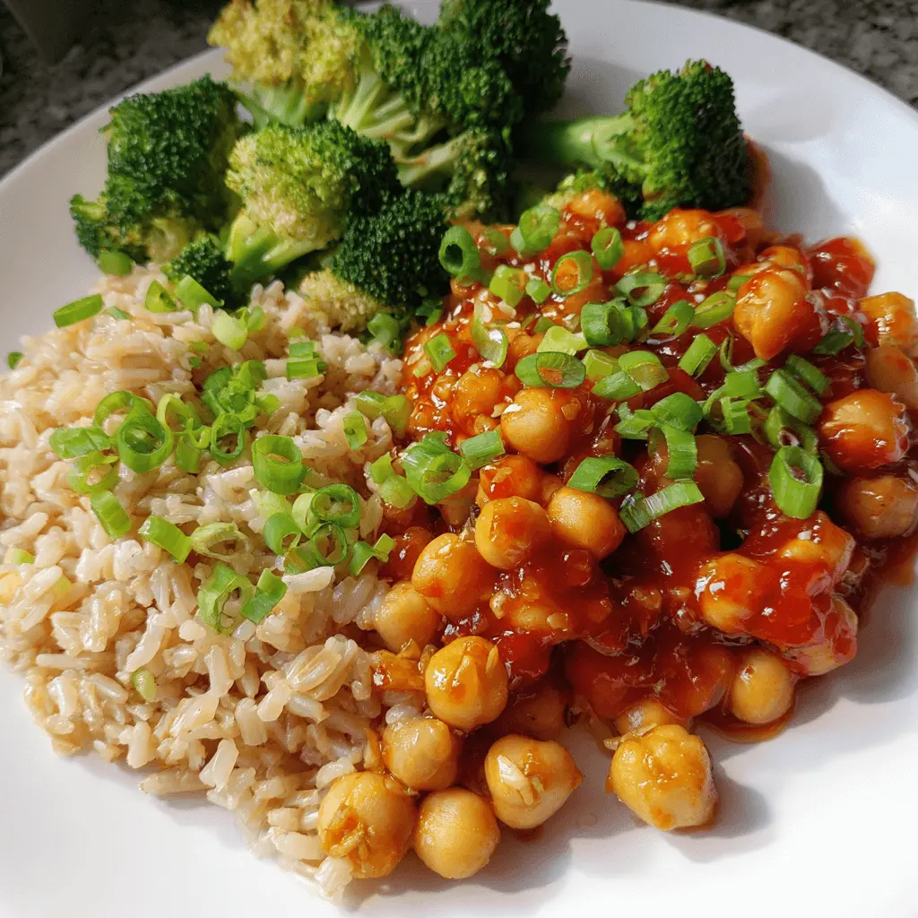 A vibrant plate featuring Vegan Sweet and Sour Chickpeas, served with fluffy brown rice, fresh green onions, sesame seeds, and tender steamed broccoli.