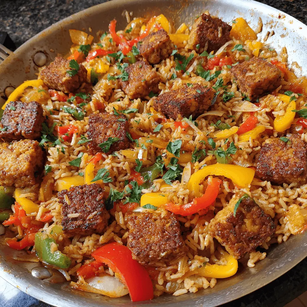 Close-up of a vibrant Cajun Rice and Fried Tempeh Skillet, garnished with fresh herbs, red and yellow bell peppers.