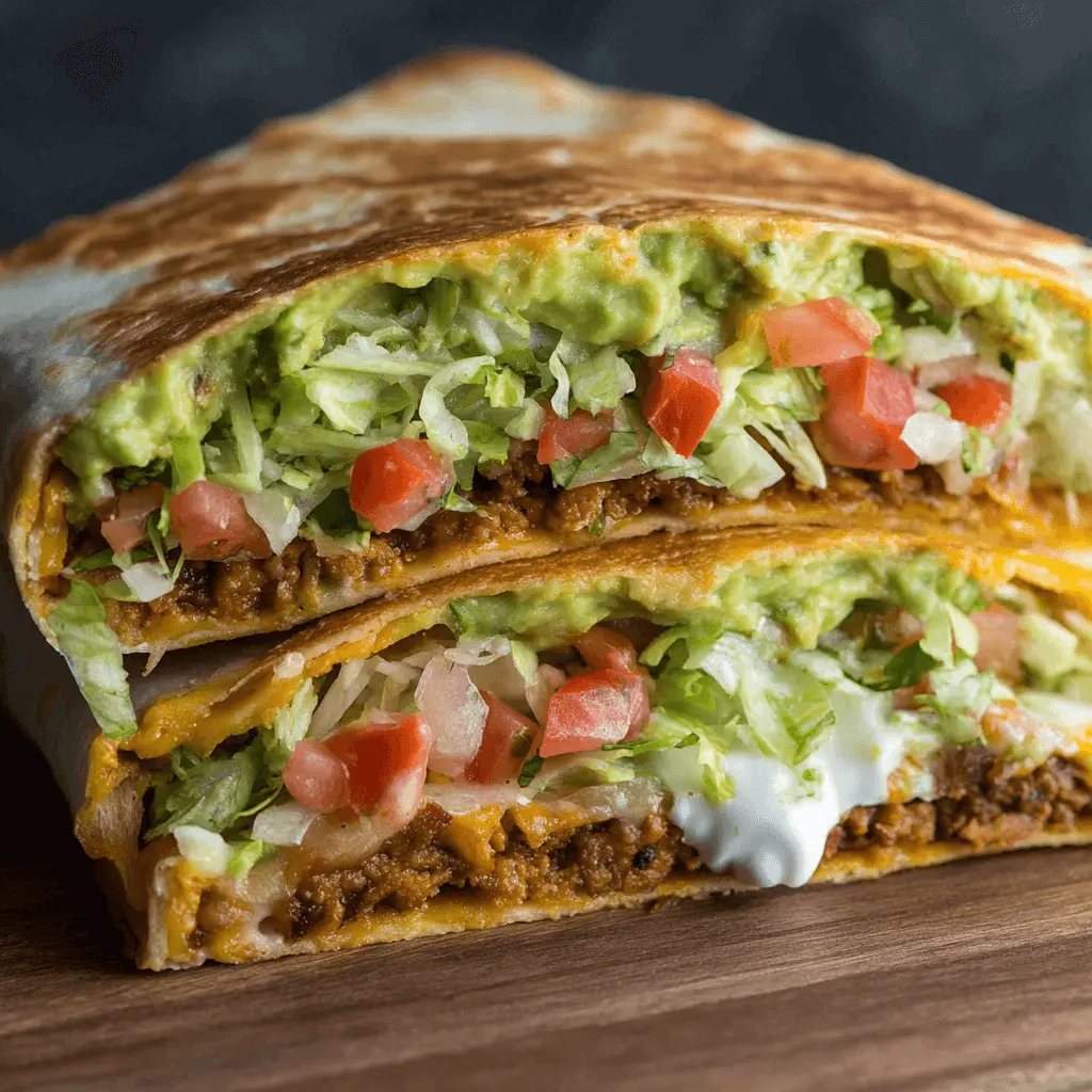 Close-up of a stacked, cut-in-half Vegan Crunchwrap Supreme revealing vibrant layers of seasoned vegan ground, fresh lettuce, tomatoes, guacamole, melted vegan cheese, and vegan sour cream on a wooden surface.