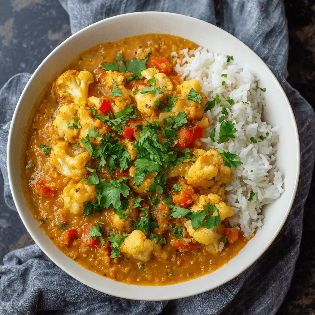 Overhead shot of a delicious 30-Minute Potato Cauliflower Red Lentil Curry served with fluffy white rice in a white bowl, garnished with fresh cilantro.